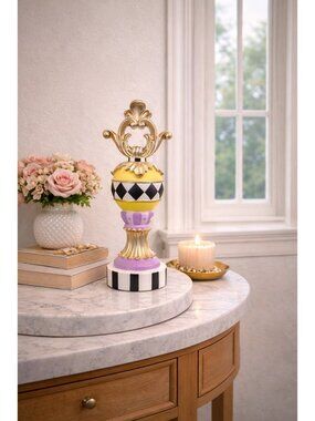 New Harlequin Easter Pedestal Ornament Gold Finial Purple Diamond Pattern Decor